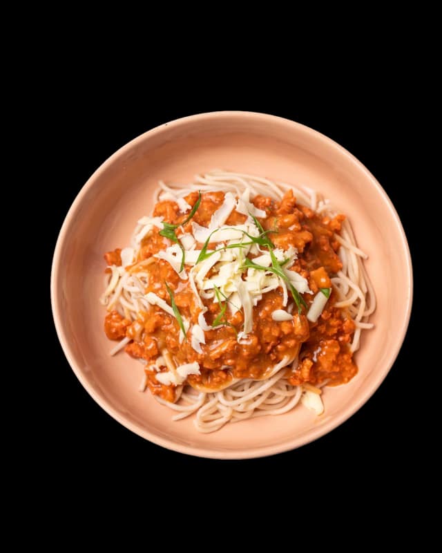 Filipino style sweet spaghetti with hotdog and cheese