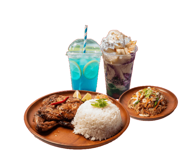 Inasal halo combo meal with inasal, side, dessert and drink