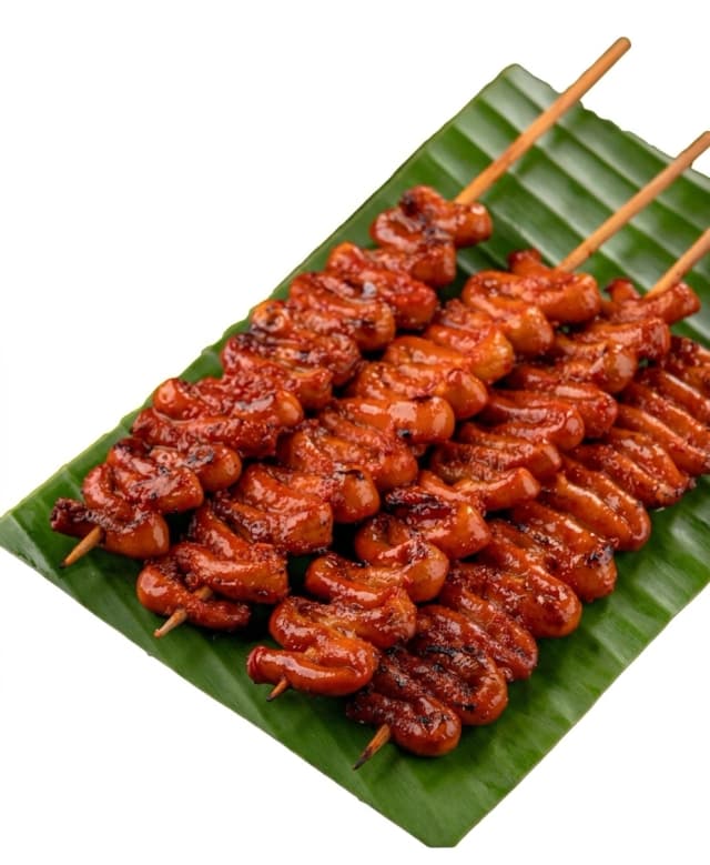 Filipino isaw grilled chicken intestine skewers