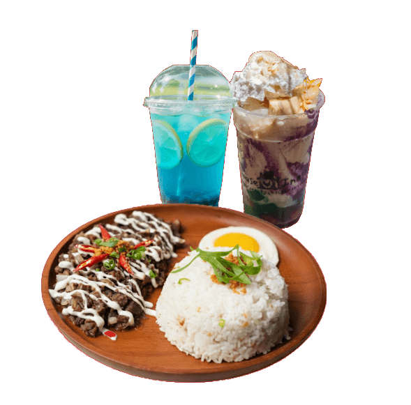 Silog halo combo with sisig or silog, dessert and drink